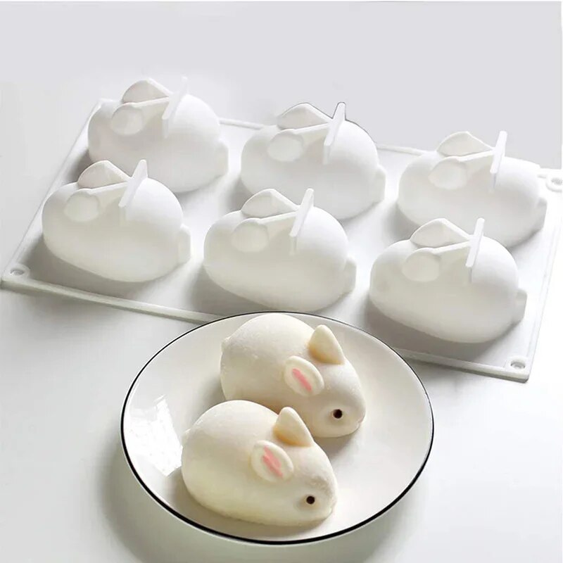 Bunny Cake Mold - シリコン製うさぎ型フォンダンバニー型 6個取り ムースケーキデコレーション デザートベーキング型