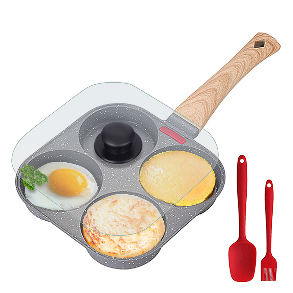 Egg Waffle Pan - ノンスティック4カップエッグフライパン（フリップ式蓋付き）、アルミ製パンケーキエッグクッカー（スパチュラとブラシ付き）、バーガー・オムレツ調理用フライパン