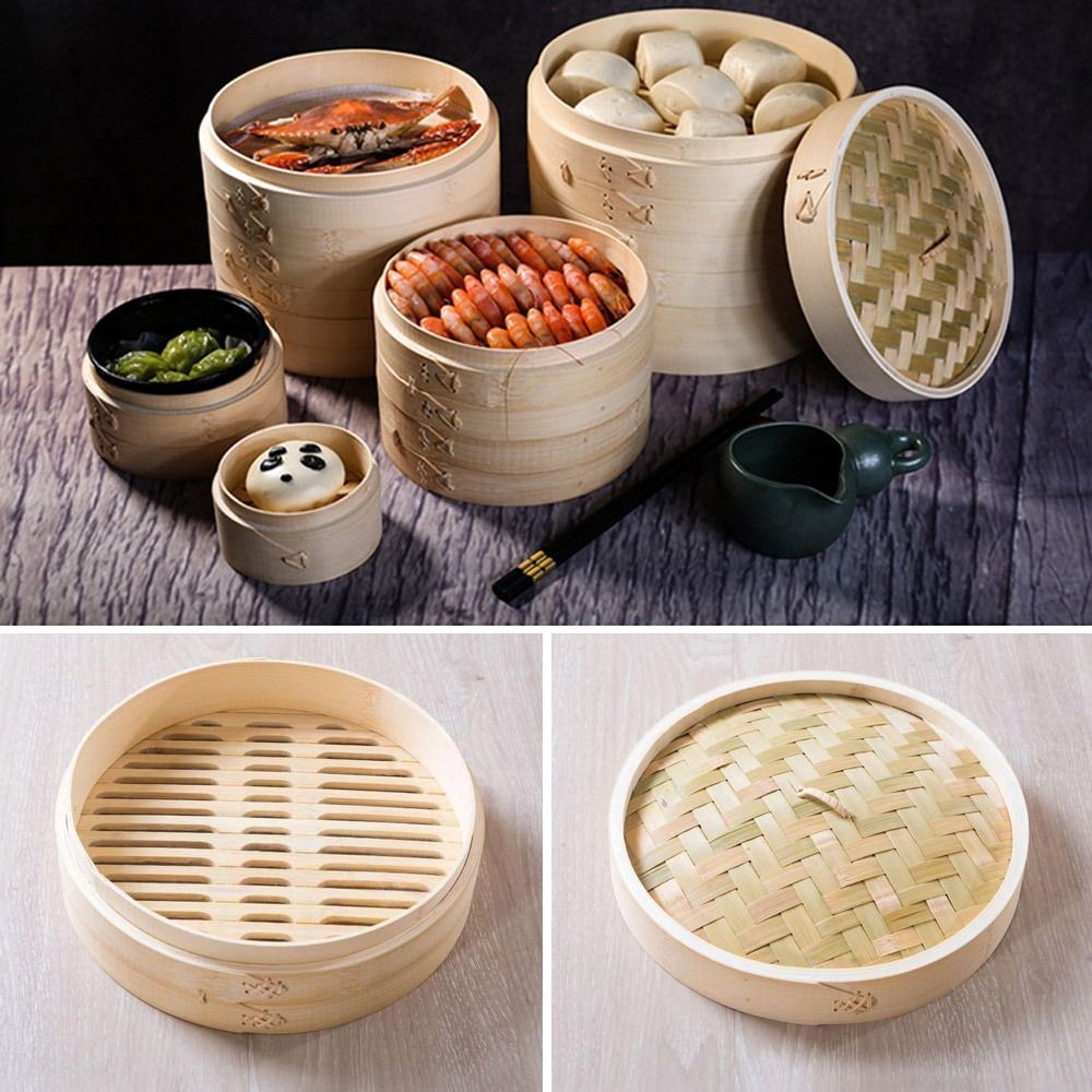 Bao Steamer Bamboo - ふた付き竹製スチーマーバスケット、調理用中国製ダンプリングスチーマーbaoバンドスチームバスケット