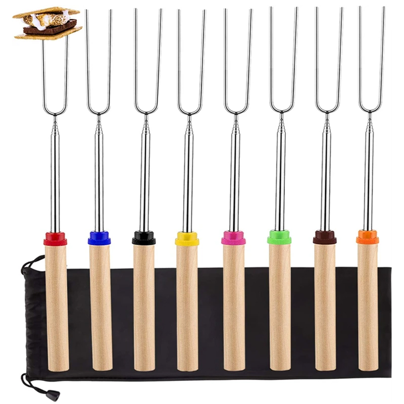 Hot Dog Press - 8本セット バーベキュースキュワー ステンレス製 BBQフォーク 伸縮式 マシュマロ焼き棒