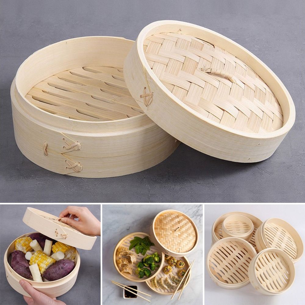 Bao Steamer Bamboo - ふた付きの中国の竹のスチーマー、調理用の餃子スチーマーbaoバンドスチームバスケット