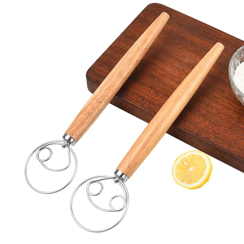 Danish Pancake Pan - デンマーク生地泡立て器ステンレス鋼オランダスタイルパン生地ハンドミキサー木製ハンドルキッチンベーキングツールペストリー生地ブレンダー