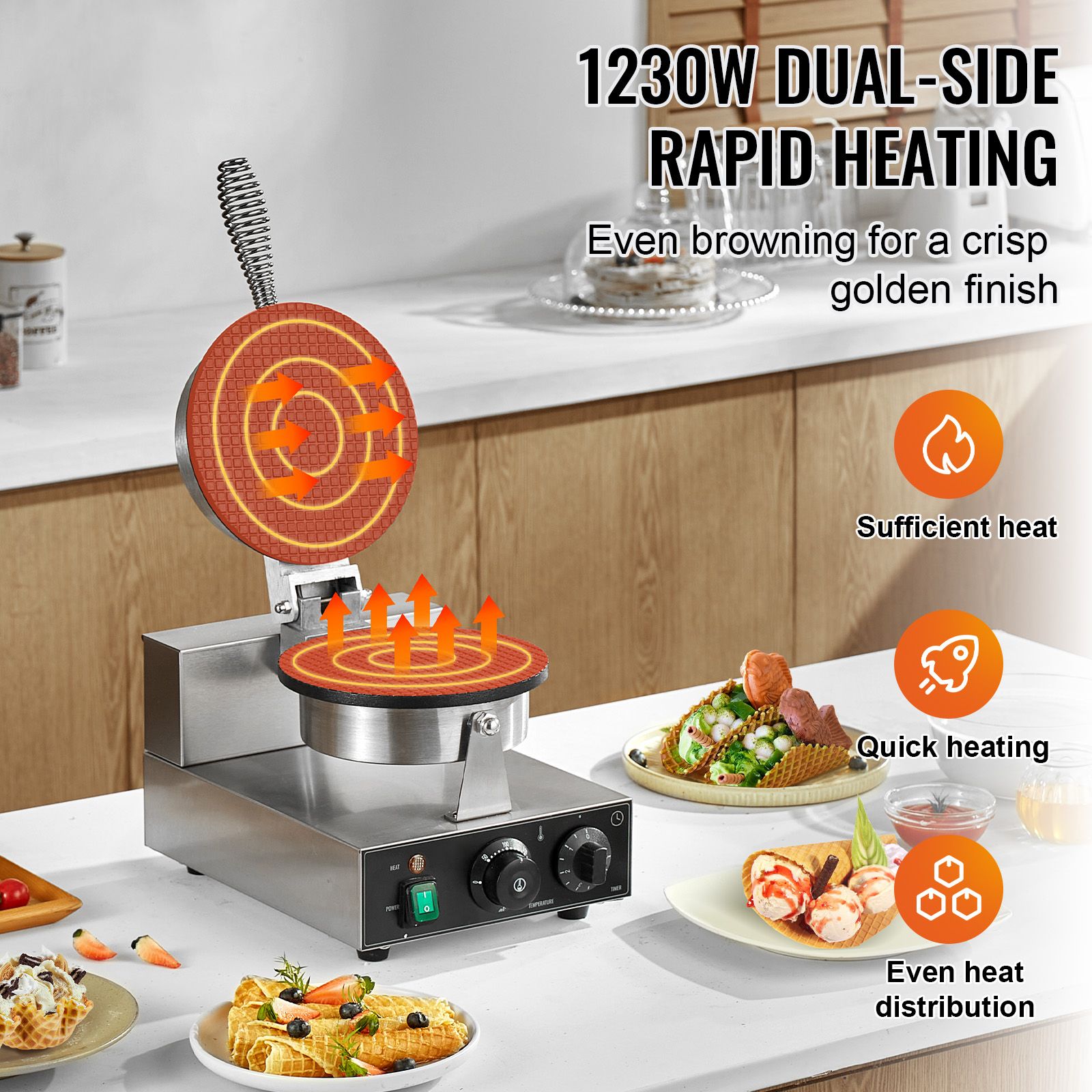 電動アイスクリームコーンメーカー、業務用1230Wワッフルコ - Waffle Cone Maker のレビューと価格